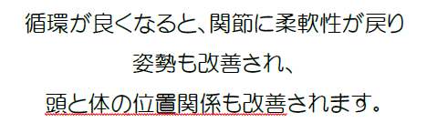 循環が良くなると、関節に柔軟性が戻り姿勢も改善され、頭と体の位置関係も改善されます。